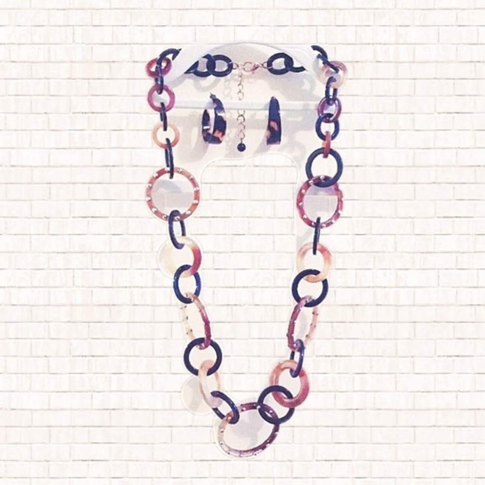 Necklace and Earrings Set • boutique tortoise shell studded links NIB OBO